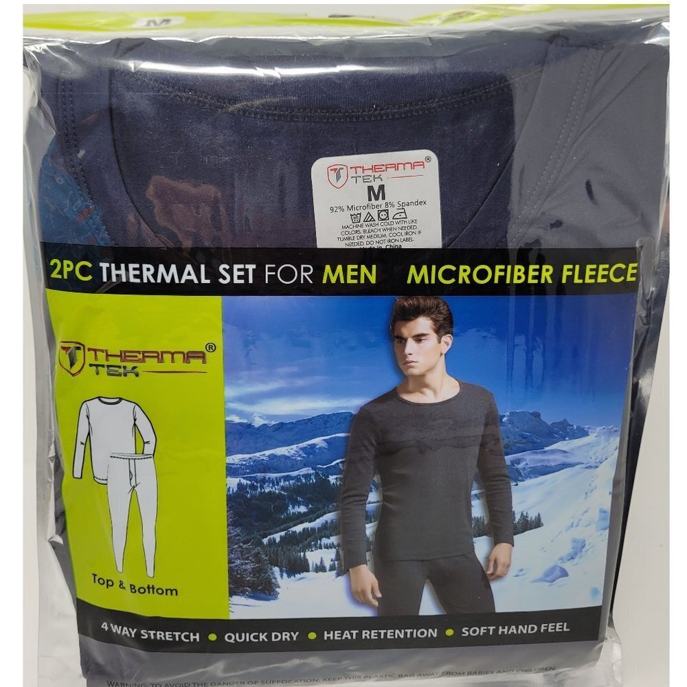 Men Thermal Long Johns Warm Underwear Set, Microfiber Fleece, Navy